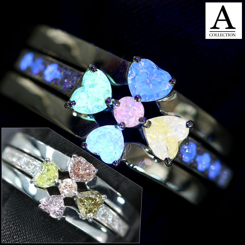 ◆スーパーディールDEAL 20%ポイント還元対象◆蛍光ダイヤシリーズ ハート ピンクダイヤモンド 0.091&0.164ct イエロー・オレンジ・グリーン PT900リング 3連 ハンドメイド 手造り ソーティング付 /桃(ピンク)/セレクトブランド・新品/届10/動画