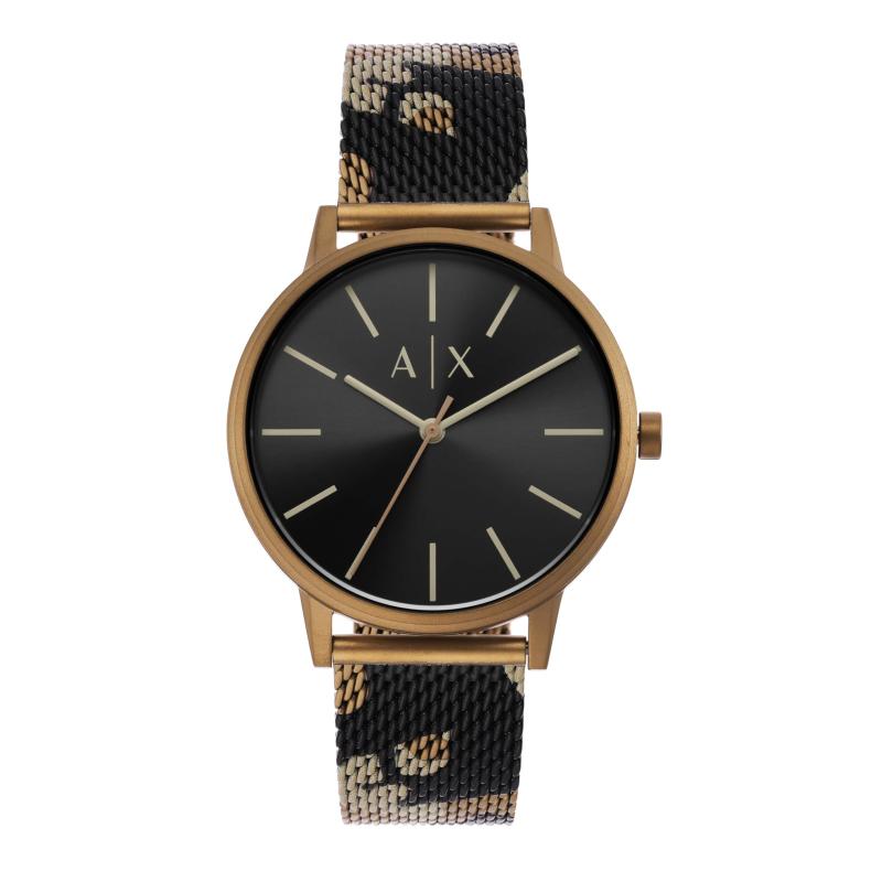 Armani Exchange 三針 カモフラージュパターン ステンレススチール メッシュウォッチ