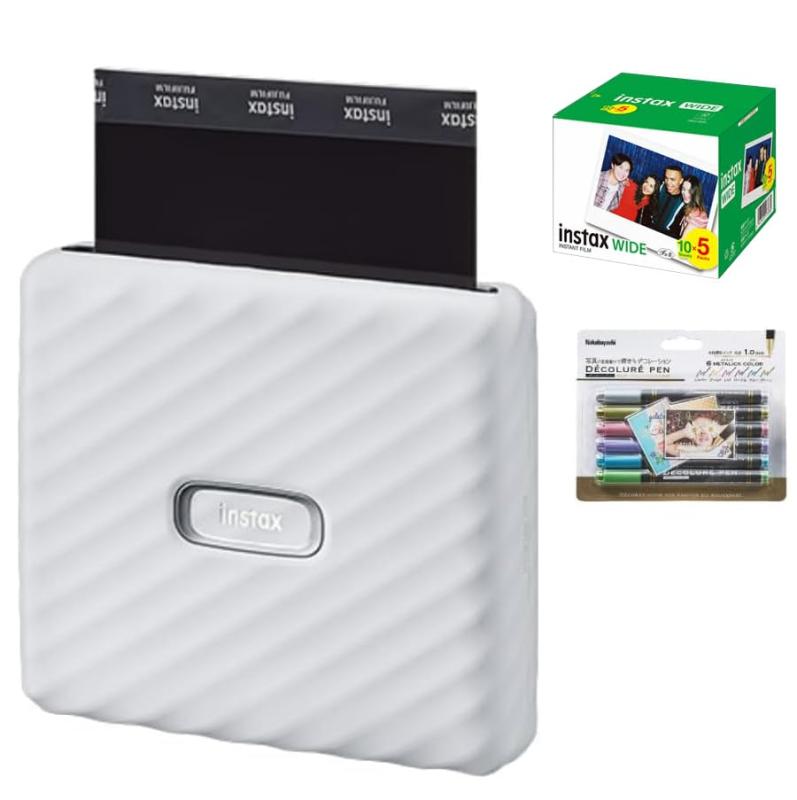 チェキ instax Link WIDE (アッシュホワイト) 広々とした用写真フィルム50枚 デコペン付 3点仕掛ける