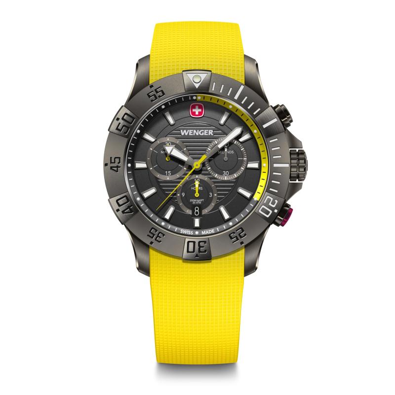 WENGER(ウェンガー) SEAFORCE CHRONO 腕時計 クォーツ アナログ メンズ ステンレススチールケース(316L) ブラックアイスダイヤル イエローシリコンストラップ 200m防水  ギフト 黒 【国内正規