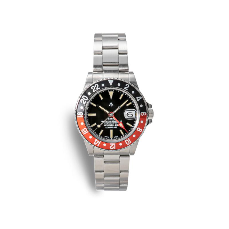 NAVAL WATCH Produced by LOWERCASE:FRXD004 GMT Black dial/BK&RD Bezel / 3 links S/S metal band|luck-luck