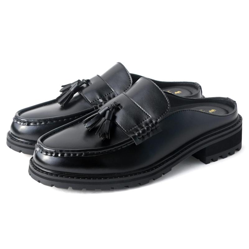 [Ｌｏｎｄｏｎ　Ｓｈｏｅ　Ｍａｋｅ　Ｃｏ．，Ｌｔｄ．] メンズ 厚底ミュール タッセルローファー サンダル カットオフ仕様 クラシックスタイル 軽量 クッション中敷き 9014