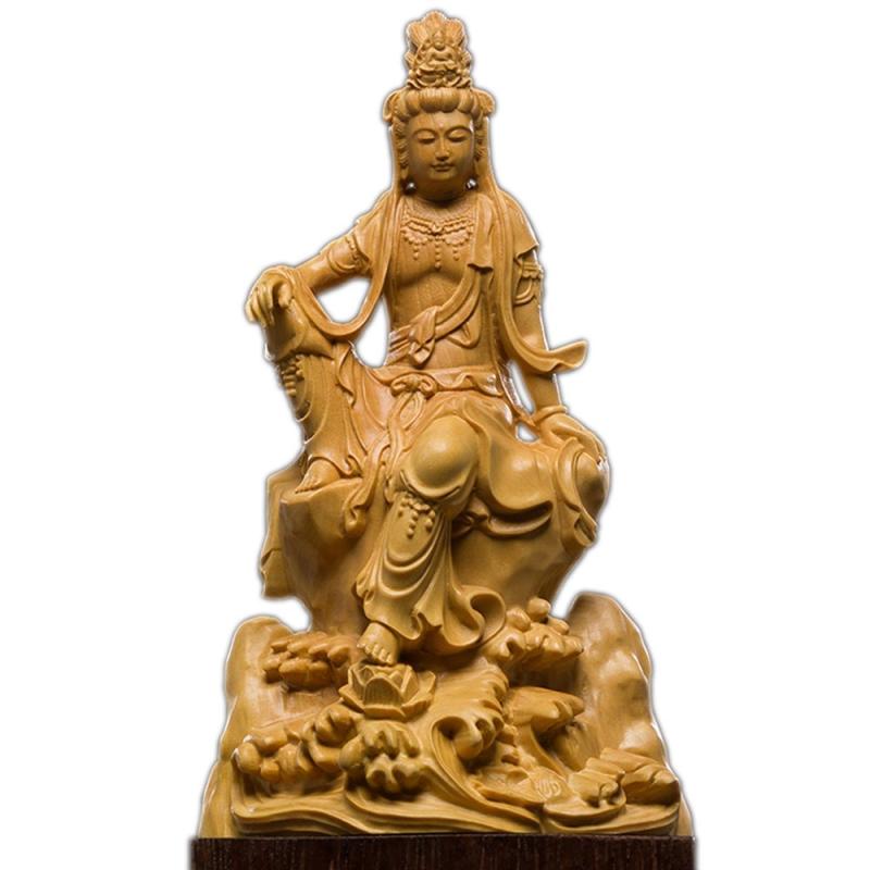 [華能] 観音菩薩坐像 高級天然ツゲ木彫り 木製仏像 仏教美術品 黄楊 柘植 観音像彫刻 観世音菩薩 観自在菩薩 専用化粧箱入り お手入れガイド同梱