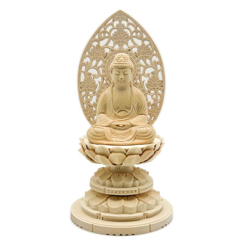 HU貿易 仏像 釈迦如来 座像 2.5寸(総高23cm、横幅11.5cm、奥行き10.5cm)唐草光背 円台 桧木製 b5311|luck-luck