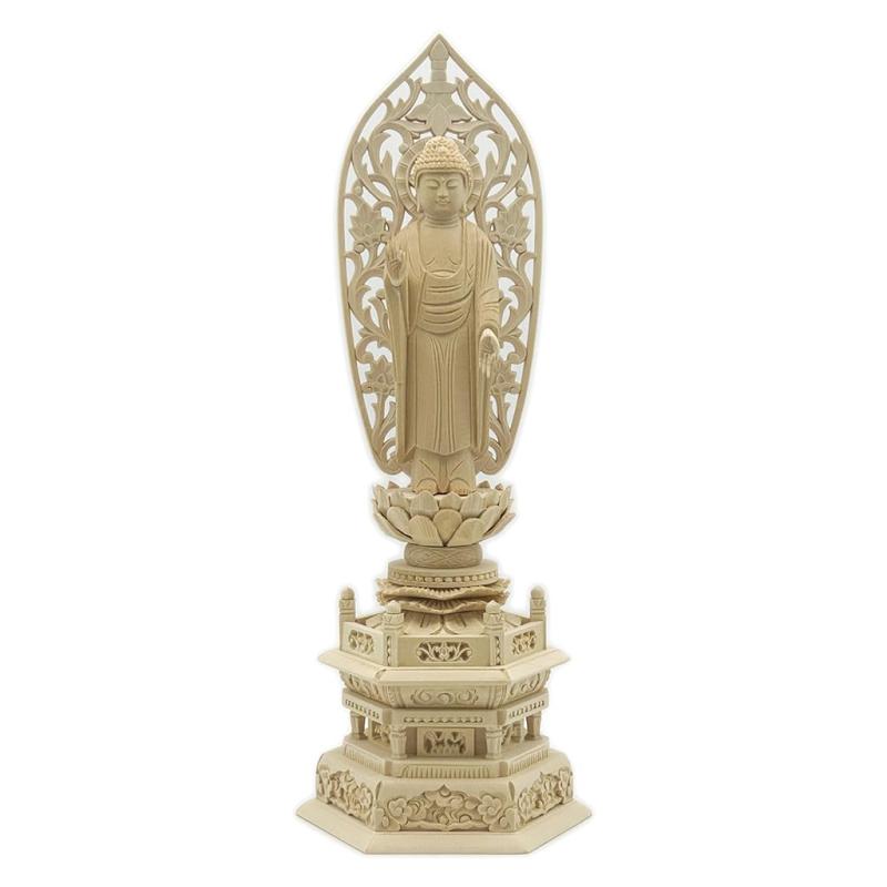 HU取り引き 仏像 阿弥陀如来 彫像 4.0寸(締め高30.5糎、横幅11.5糎、奥ふかさ8.5糎）船形円光 六角台 桧木製 b0033