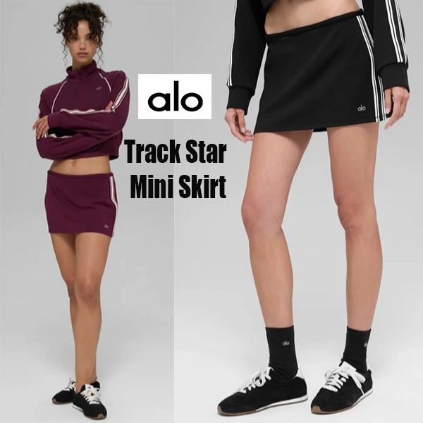★ALO Yoga★ Track Star Mini Skirt トラックスターミニスカート 正規品アメリカから直輸入 アロー 公式 スッキリとしたシルエット サイドストライプ 2カラー かわいい ファッション おしゃれ コーデ おでかけ Black Burgundy セットアップ可能 伸縮性のある生地 柔らかい｜LuckVillage