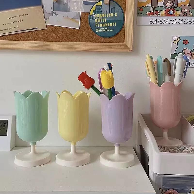 卓 メイク収納 パステルカラー ツールスタンド ペンスタンド 小物入れ 筆箱 ペンケース 筆筒 ペンカップ 4点セット チューリップ