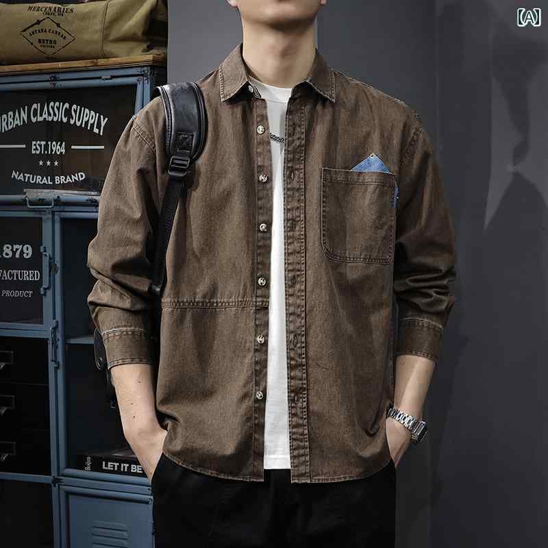 メンズ 流行り物 春夏 秋冬 かっこいい オシャレ モテ 成人男性用 成人男性服  服 韓国 分かりやすい 成年者     対比   色合いぬい目   衣嚢   長袖   プルオーバー   レトロ   ウォッシュ   心地よい   上衣   プルオーバー