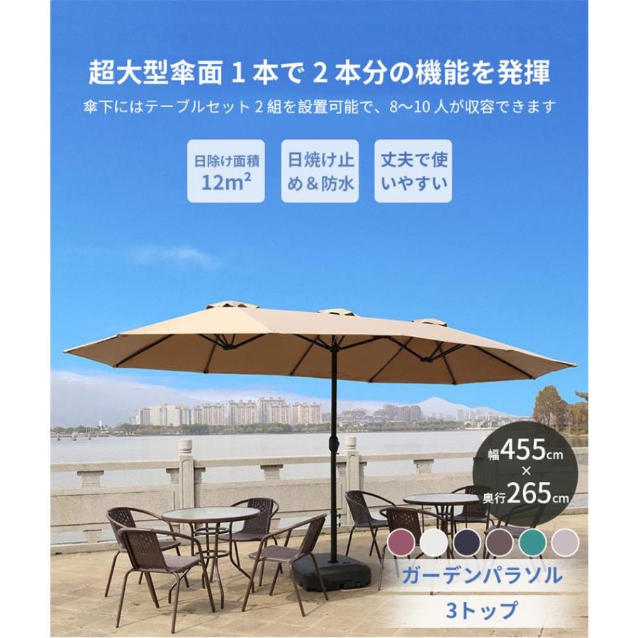 ガーデンパラソル 大型 長方形 パラソル 幅455cm×奥行265cm 3トップ UVカット 撥水加工 クランク開閉 サンドバッグベース付き 屋外パラ