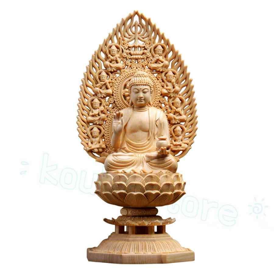 仏像 薬師如来 桧木製 飛天光背 八角台座 無病息災 病気平癒 守護 厄除け 開運 （高さ28cm×巾12cm×奥行12cm） (原木)