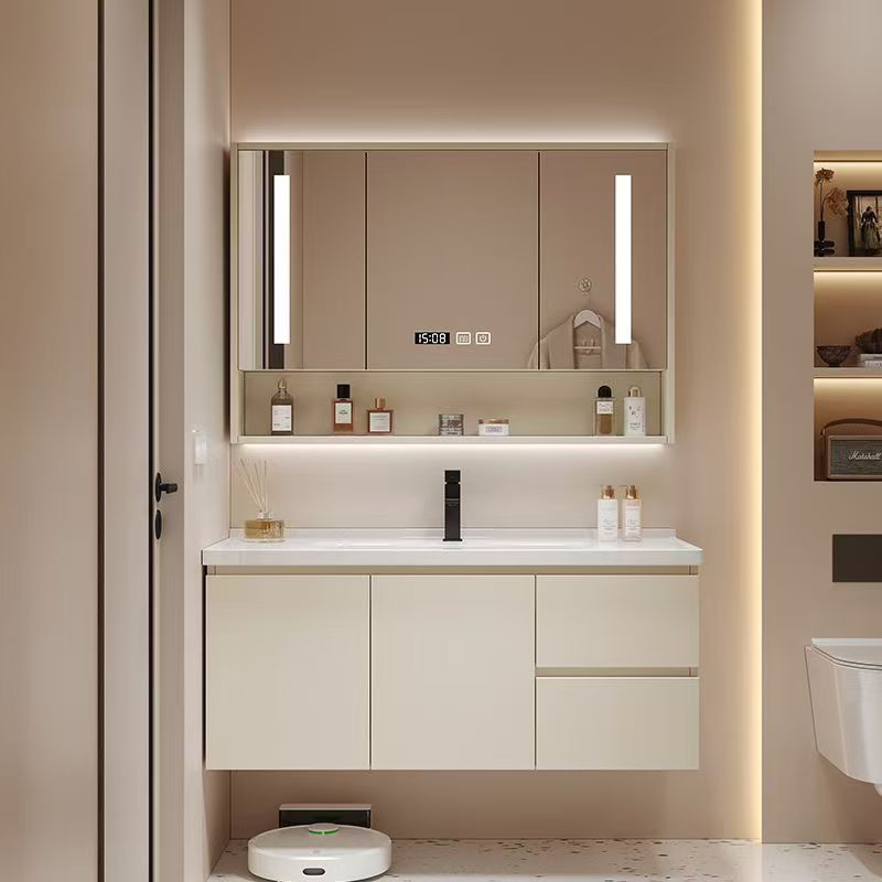 シンプルなトイレクリーム無垢材洗面クリーム色浴室キャビネットセラミック一体手洗い洗面器セット