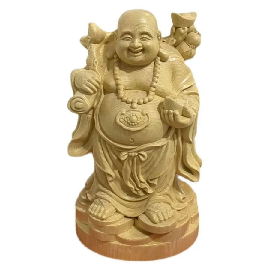 木彫り仏像 布袋さま 置物 桧木製高級木彫り 金運 置物(Size:22cm)