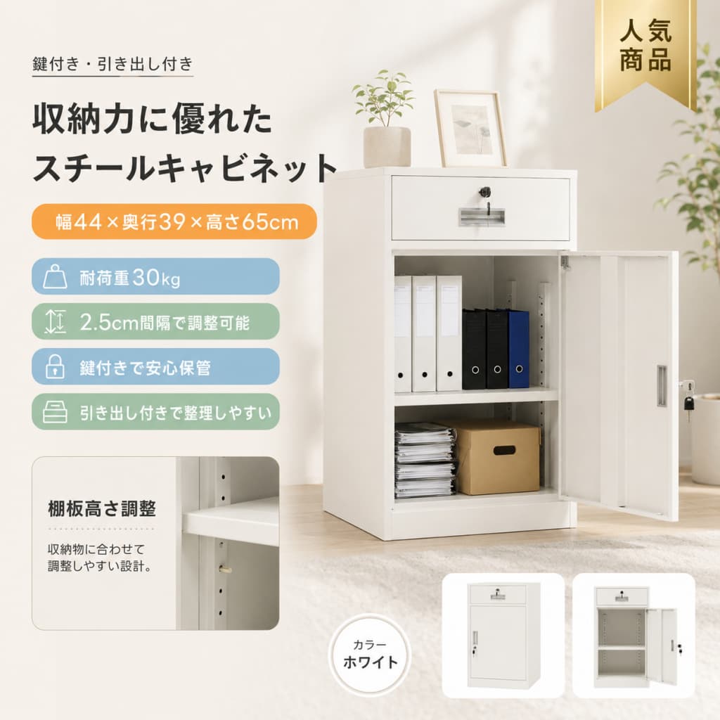 【見逃し厳禁！今だけ10％OFF】デスクワゴン 完成品 スチール製 サイドワゴン 鍵付き 引き出し付き 可動棚 幅44&times;奥行39&times;高さ65cm 机下収納 オフィスワゴン 書庫 キャビネット ホワイト｜LUCULUショップ