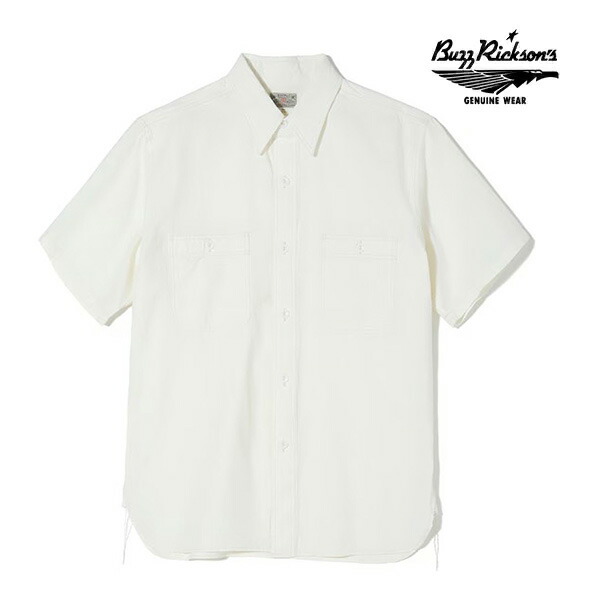 バズリクソンズ/BUZZ RICKSON\u0027S BR35857 WHITE CHAMBRAY WORK SHIRT SHORT SLEEVE シャンブレー プルオーバー 半袖 春夏 トップス 無地 衣嚢 分かりやすい OFF WHITE 白 綿織物100％ 日本製 細工物プルオーバー メンズ【貨物輸送無料】