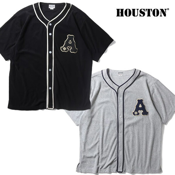 ヒューストン/HOUSTON  41324 PILE BASEBALL SHIRT パイルベースボールシャツ メンズ 野球プルオーバー 半袖プルオーバー 半袖プルオーバー メンズ パイルプルオーバー ミニパイル 紋章付き添い人 春夏 BLACK ASH GREY 黒いこと 薄墨色 メンズ流行り物 【貨物輸送無料】