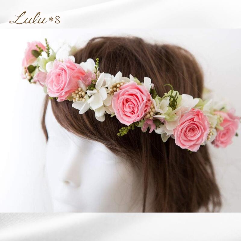 花冠 プリザーブドフラワー ヘッドドレス 髪飾り ピンク ローズ 薔薇 造花なし ドライフラワー ミックス 結婚式 ウェディング ブライダル 二次会 前撮り マタニティ フォト リングガール 発表会 キッズ 子供 女の子 ライブ 推し活 フェス 日本製 Lulu＊s ルルズ｜Lulu＊s ～ルルズ～