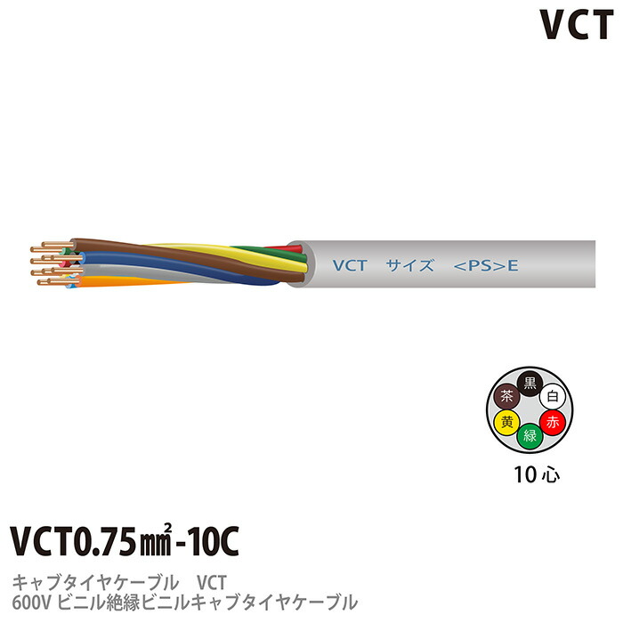 【VCT】600Vビニル絶縁ビニルキャブタイヤケーブルVCT 0.75㎟−10Cビニルシース色：グレー切り売り｜電材PROショップ Lumiere