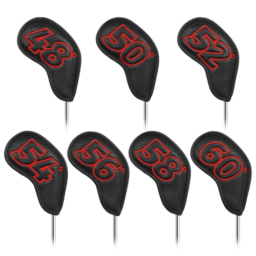 ゴルフウェッジカバー マグネット クラブヘッドカバー セット 7pcs(48505254565860) ブラック合成皮革 赤い番号