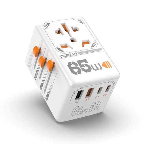 海外 コンセント変換プラグ 全世界対応 GaN 65W PD 急速充電 TESSAN 海外旅行用 コンセント 2USB-Aと2USB-Cポート付