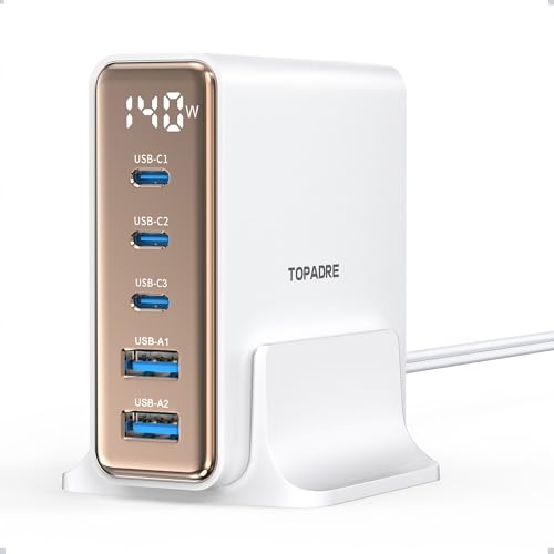 TOPADRE 140W 急速充電器 PD タイプ c 充電器100W Max*USB-C*3＋USB-A*2+ディスプレイ搭載+PSE認証5ポ