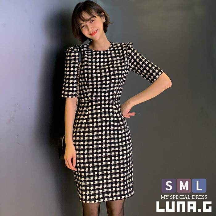 楽天市場 チェック柄 パフスリーブ タイトフィット ワンピース パーティードレス ミニドレス 結婚式 お呼ばれ タイトワンピ ブライズメイド ミディ丈 膝丈 フォーマル 二次会 パーティー フォーマルドレス レディース ハイウエスト 五分袖 袖あり 袖付き Dress ドレス