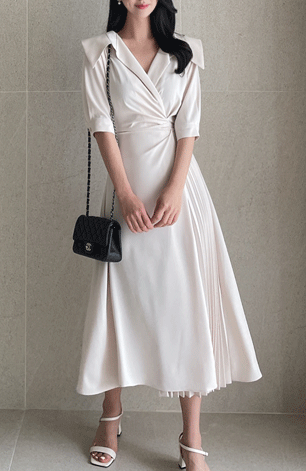 カシュクール プリーツ ロング丈 ウエストゴム ワンピース ワンピ オフィス 五分袖 涼しい 前後vネック Aライン ウエストマーク