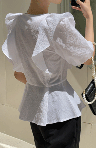 シアサッカー フリル 結婚式 パーティー 半袖 レディース 七五三 カシュクール お呼ばれ 二次会 ブラウス ママスーツ ぺプラム