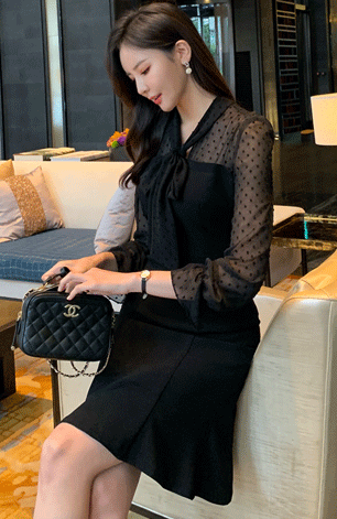 ドッキングワンピース きれいめ オフィス レイヤード風 韓国 フォーマル シースルー ファッション ドット レディース ボウタイ 長袖 ひざ丈