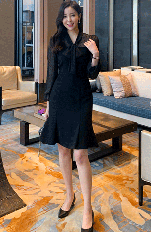 ドッキングワンピース きれいめ オフィス レイヤード風 韓国 フォーマル シースルー ファッション ドット レディース ボウタイ 長袖 ひざ丈