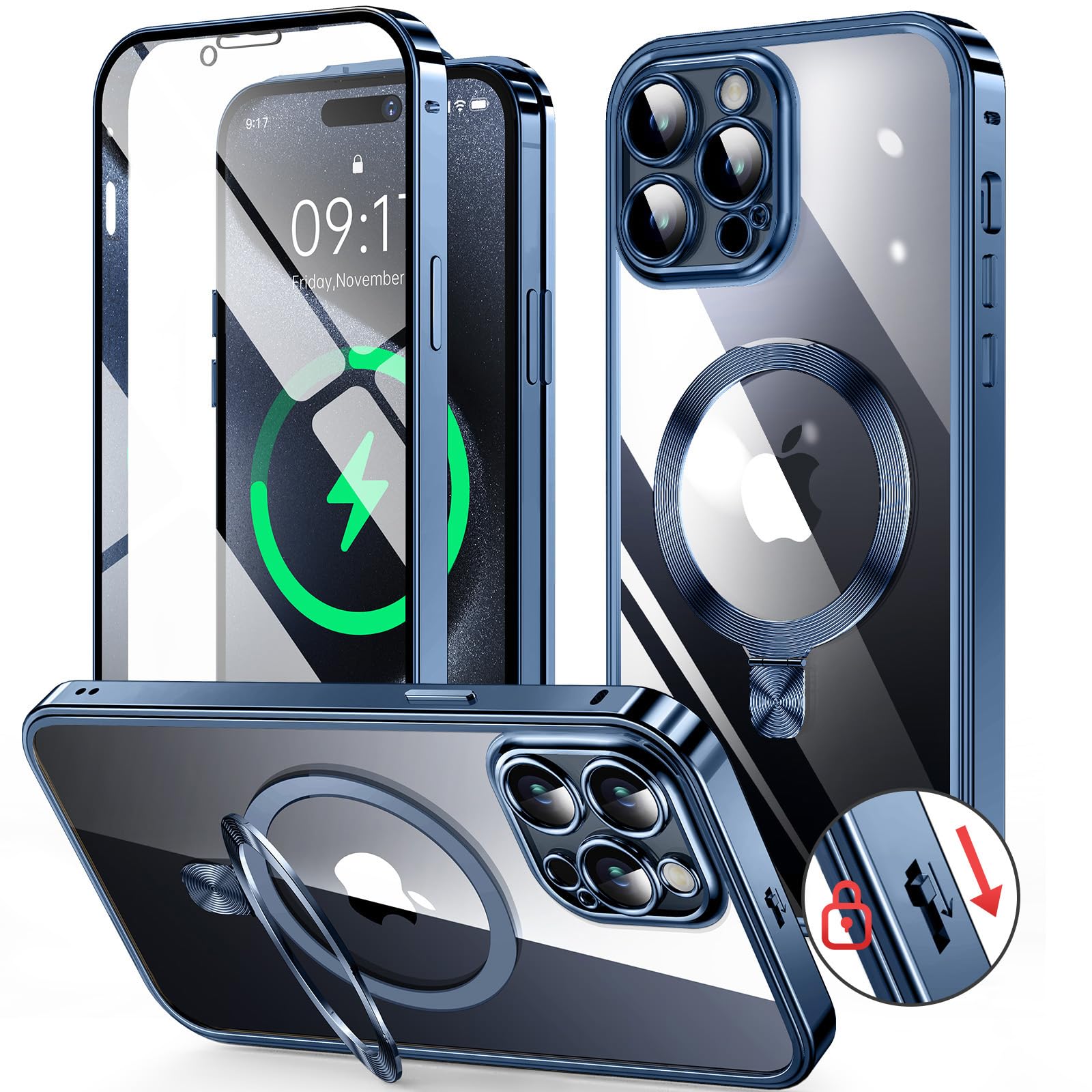 アイフォン アルミバンパー ワイヤレス充電対応 ケース 15 9H強化ガラス iPhone16 PC背面 スタンドリング付き クリア MagSafe対応 Max メタルフレーム 高感度タッチ 両面保護 カメラレンズ保護 プロマックスケース アルミバンパーケース 用 CDリング ロック付き Pro