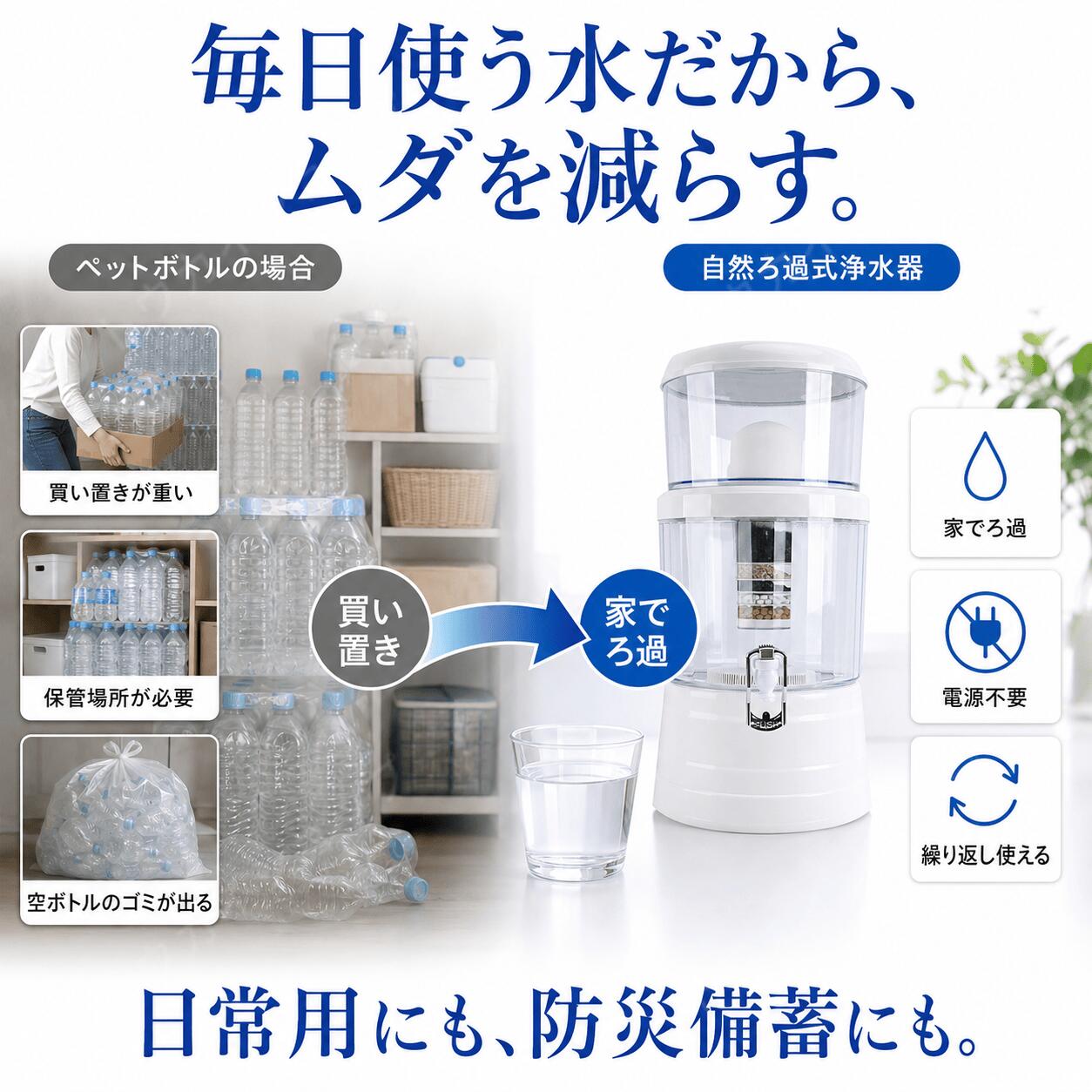 【オープン記念｜防災特典付】浄水器 AQUA SYSTEM 電源不要 自然ろ過式 浄水器 卓上型 除去 重金属除去 日常用 災害用 アウトドア用 雨水 井戸水 川水 生活排水 対応 5L大容量 据置型 家庭用 オフィス用 日本向け正規品｜ルナリアショップ