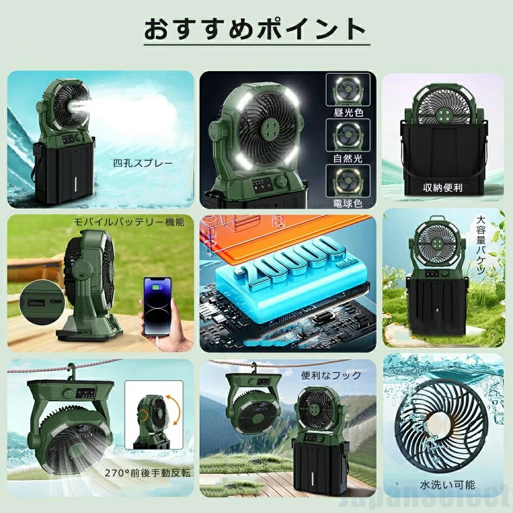 キャンプ扇風機 ミストファン 【加湿?6L大容量?20000mAhバッテリー】 噴霧機能 瞬間冷却 アウトドア 充電式 最大50時間連続使用 分離式6|ルナリアショップ