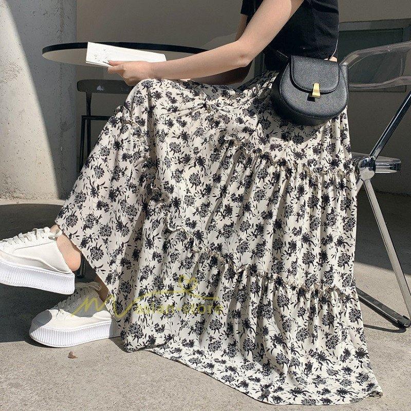 ロング スカート フレアスカート レディース シフォンスカート シフォン マキシスカート マキシ 無地 体型カバー ウエストゴム 膝下 ひざ下 マキシ丈 花柄 上品
