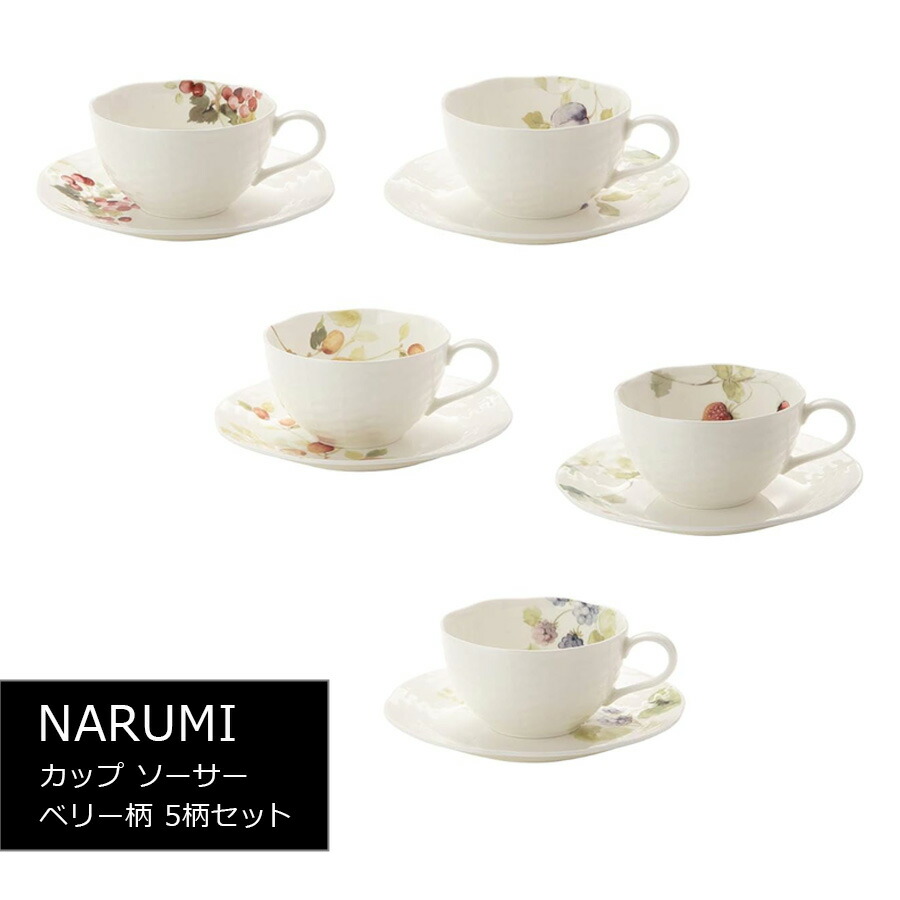 NARUMI ナルミ カップ ソーサー セット ルーシーガーデン 210cc ベリー柄 5柄セット かわいい おしゃれ レリーフ ティー コーヒー 兼用 電子レンジ温め 食洗機対応 ギフトボックス付き 96010-23067P