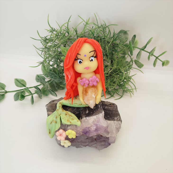 【1点もの】ハンドメイド マーメイドの人魚と天然石のオブジェ アメジスト クラスター シトリン ミニチュア ドール 置き物 インテリア ギフト プレゼント 誕生石｜LUSTER STONE