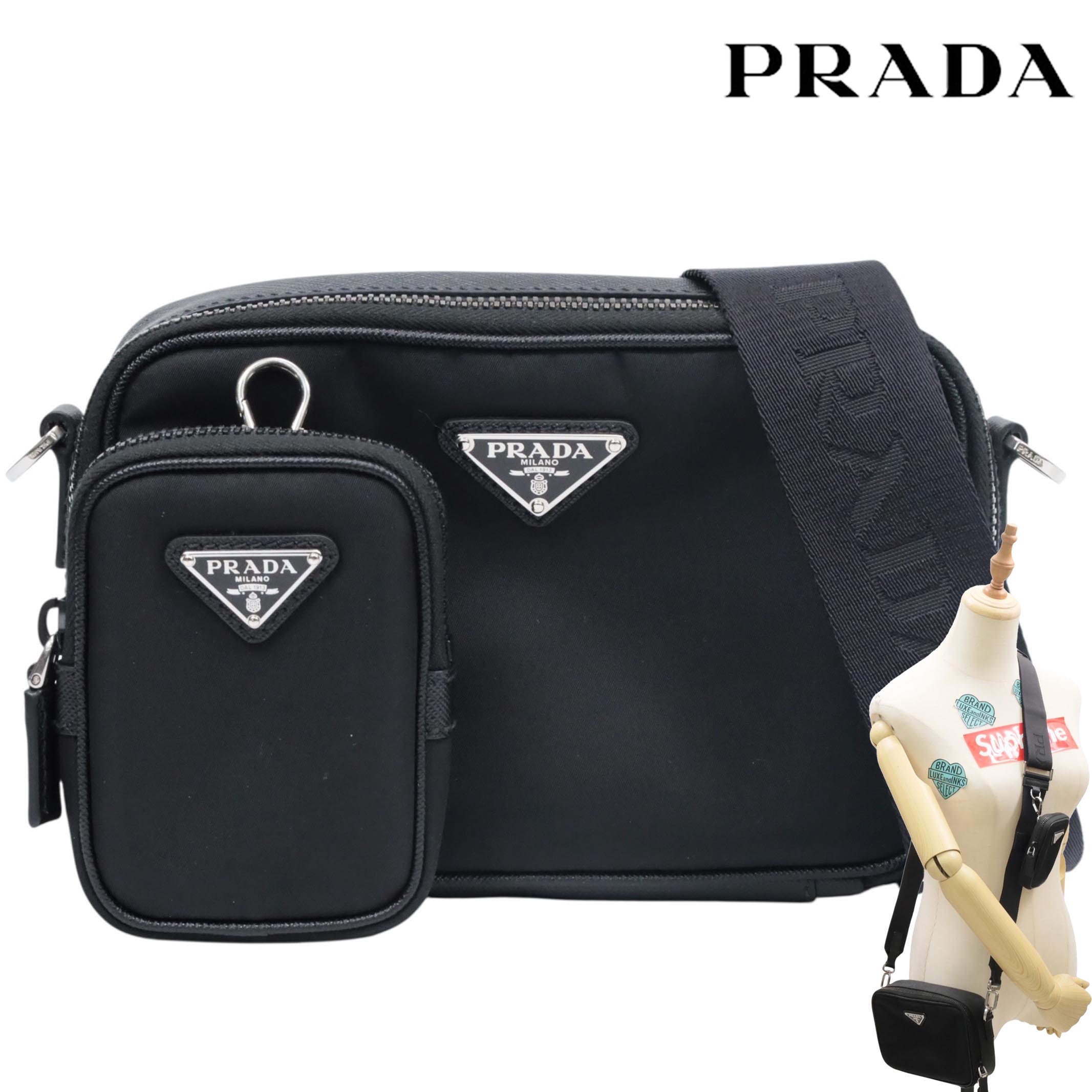 【返品差しゆるす】PRADA  プラダ ブリック Re-Nylon×サフィアーノレザー 御徒面子 2VH070 メンズ レディース ショルダーバッグ 黒いこと 黒 合切袋 【中古AB序列付ける】