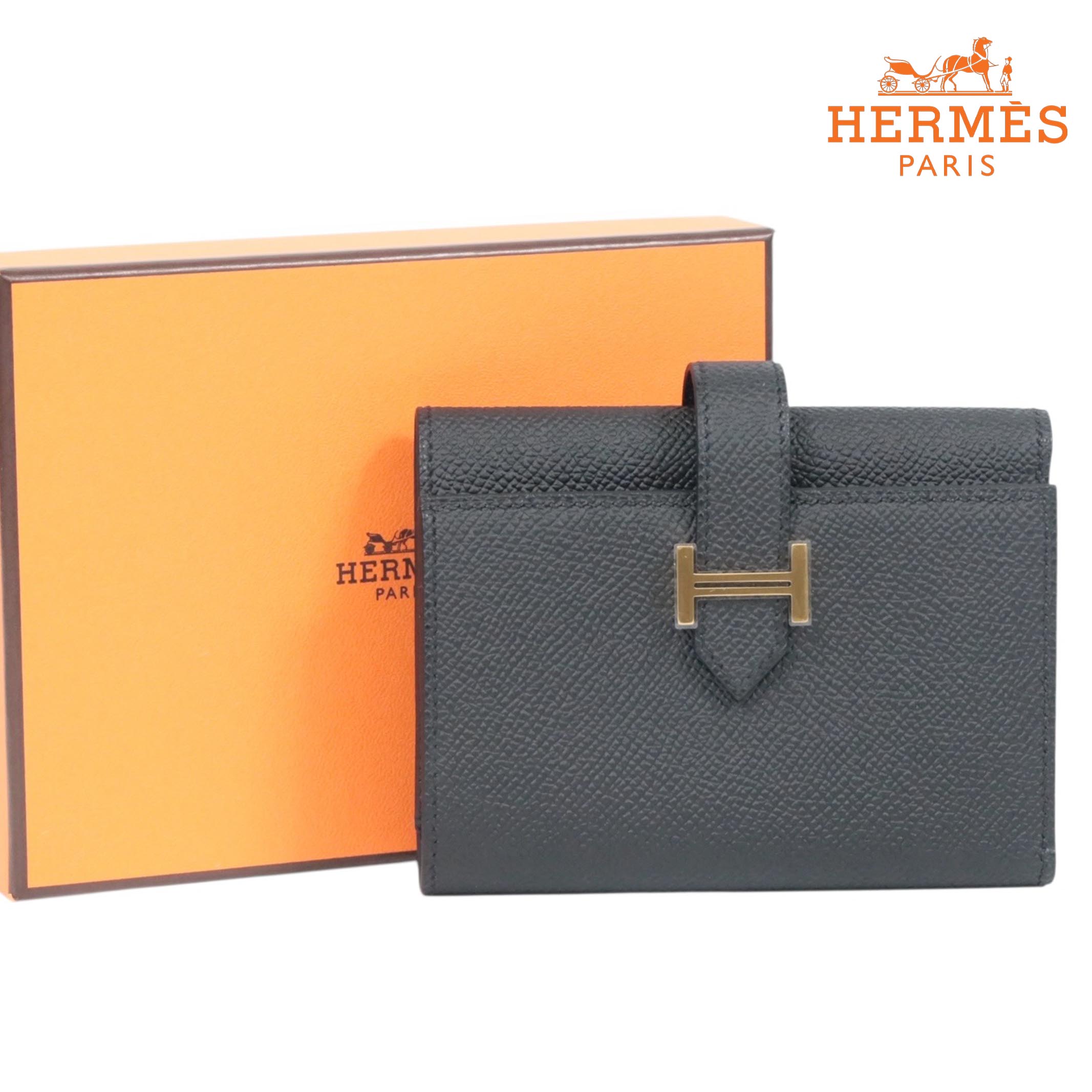 【返品聞き届ける】【新品未当てはめる】HERMES ベアン コンビネ ヴォーエプソン 黒いことゴールド金具 W目じるし 銭入れ コンパクトウォレット 3つ折り