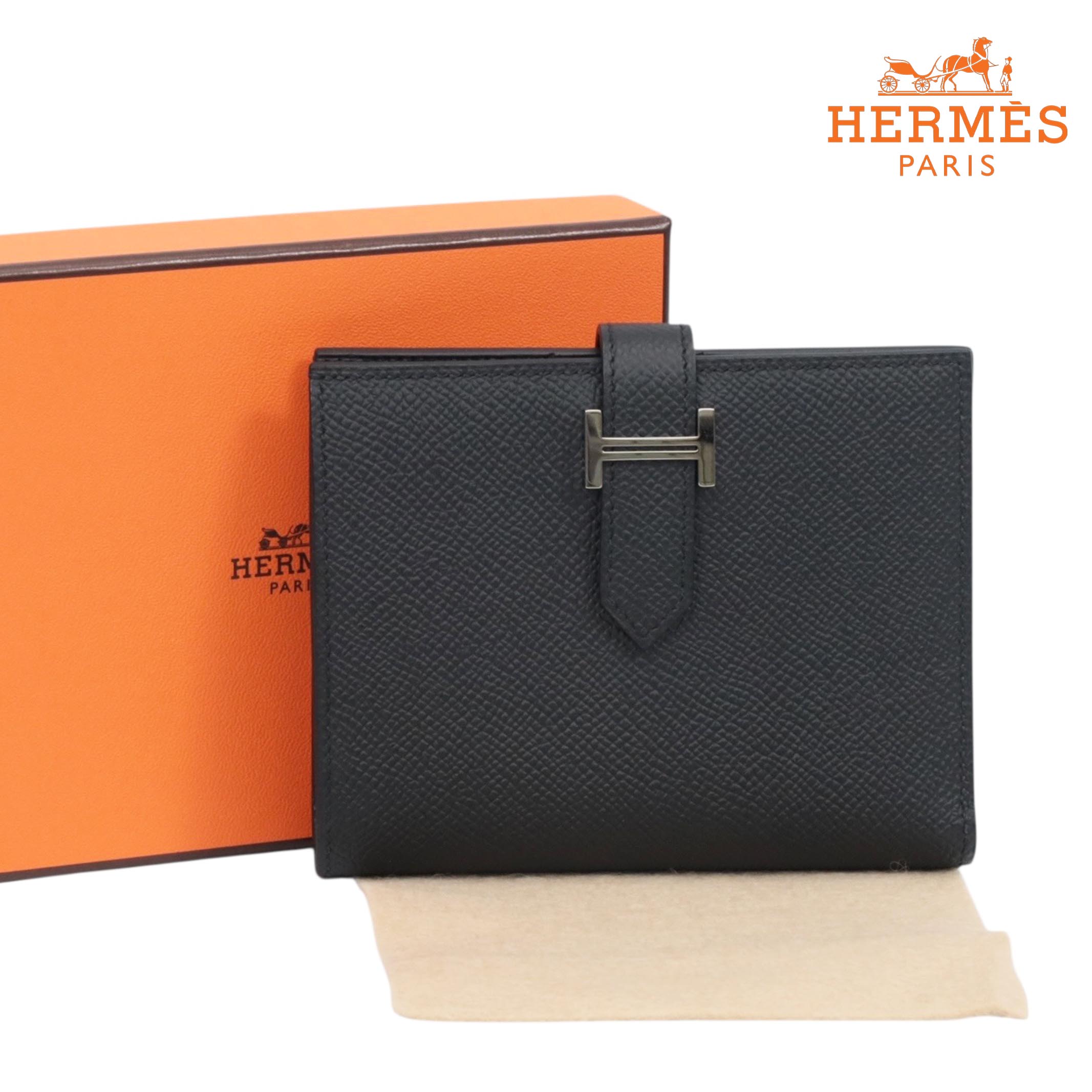 【返品聞き入れる】【新品未当て嵌める品】HERMES ベアンコンパクト ヴォーエプソン コンパクトウォレット 黒いこと しろがね色金具 B:2023年 金入れ【中古S位置づける】