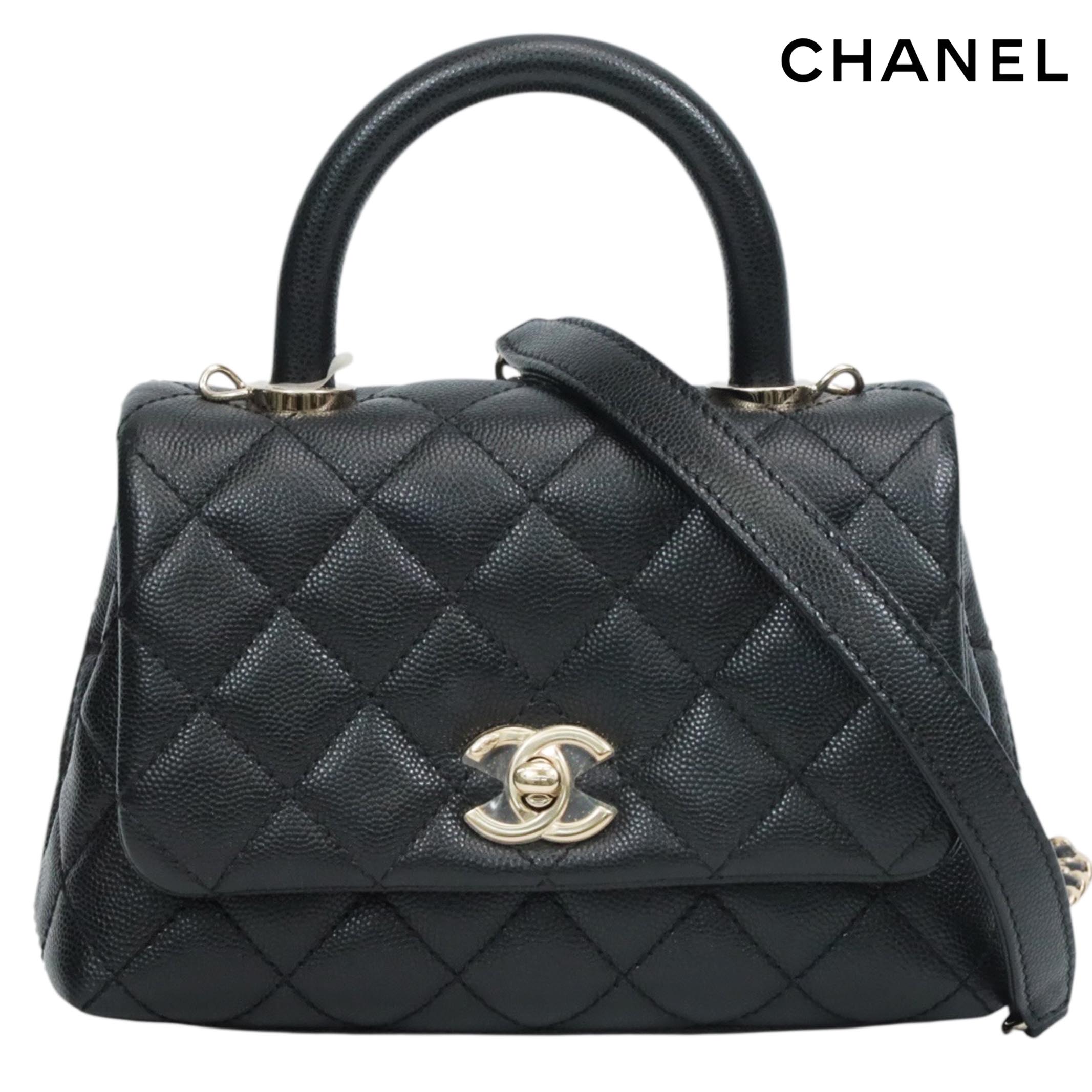 【返品OK】【新品同様】【中古Aンク】CHANEL シャネル ココハンドル XXS キャビアスキン 2WAYハンドバッグ ブラック シャンパンゴールド金具 黒 ショルダーバッグ