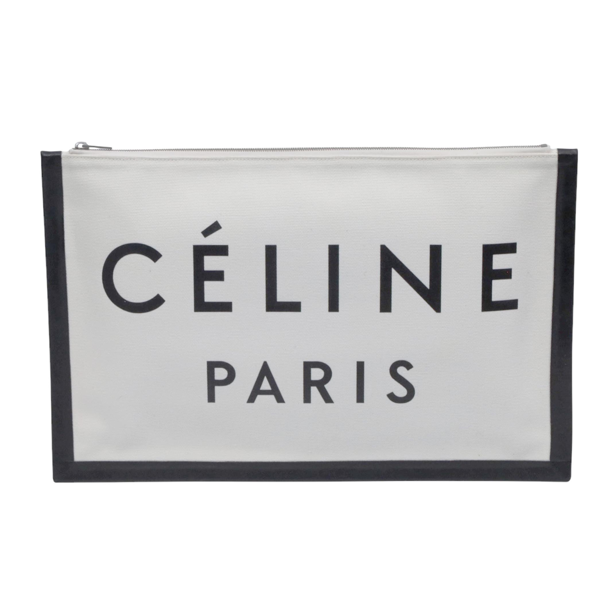 【返品OK】【中古ABランク】箱あり CELINE セリーヌ ロゴ キャンバスクラッチ ホワイト／ブラック メンズレディース 大容量 カード入れ ギフト プレゼント｜LUXEandINKS
