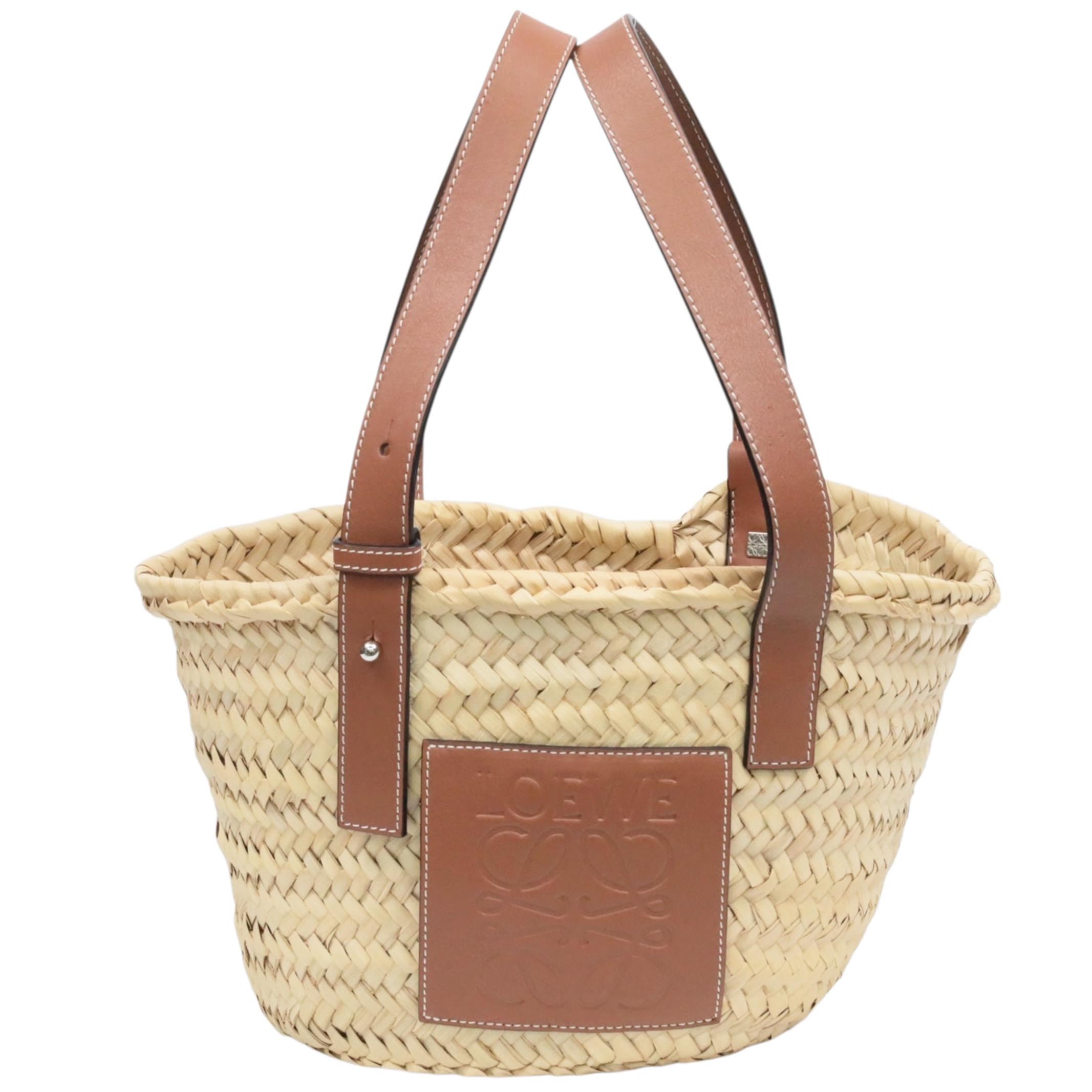 【返品OK】【新品同様】【中古Aランク】LOEWE ロエベ バスケットスモール ラフィアxレザー トートバッグ ベージュxブラウン カゴバッグ