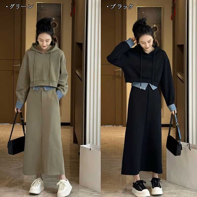 パーカー レディース スカート 2点セット ゆったり ロング 体型カバー 着痩せ ワイドシルエット 秋 冬 大人 フード付き カジュアル ズボン 幅広 ボトムス アウトドア 通勤 人気 OL 職場 20代 30代 40代 プレゼント