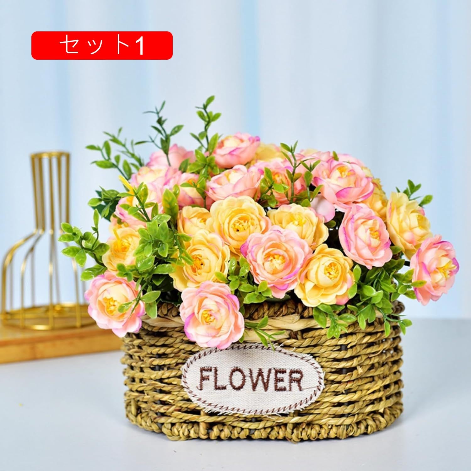 造花セット 絹花の花束 草編み籠付き 人工観葉植物 キレイ フェイクフラワー 人工花 ローズ/ひまわり/カスミソウブーケ 枯れない花 インテリア リビング 室内飾り 写真撮影 新生活お祝い 開店祝い