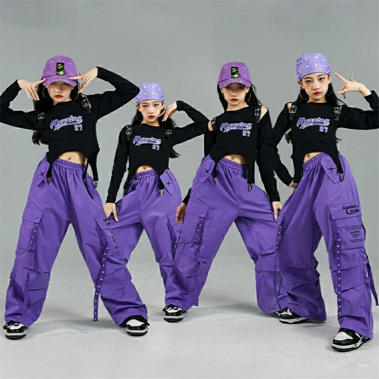 紫 黒 子供ダンス 女の子 jazz ダンス衣装 キッズ ブラック 英字 長袖トップス パープル カーゴパンツ ズボン キッズダンス 演出服 セットアップ おしゃれ ヒップホップ ストリート 練習着 ロングパンツ k-pop jazz ステージ衣装 110-170