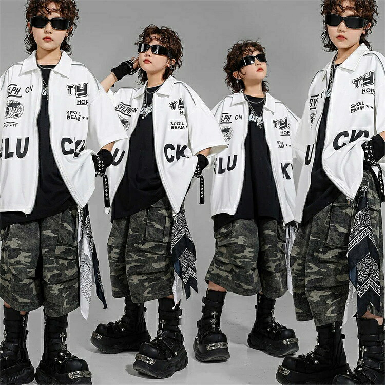 黒 白 レーシング キッズダンス衣装 迷彩 ストリート 半袖 ハーフパンツ かっこいい 子供ダンス ヒップホップ キッズ セットアップ 男の子 女の子 派手 韓国 練習着 原宿系 発表会 演出服 ファッション k-pop hiphop 派手 ステージ衣装 個性 おしゃれ 110-180 4,780円