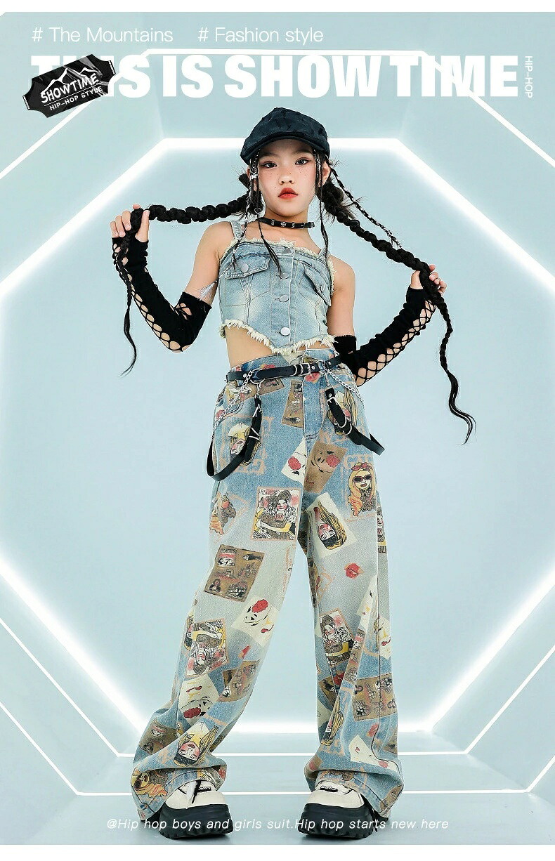 ギャル デニム服 キッズ ダンス 衣装 4点セット 女の子 子供服 ダンス衣装 デニム かっこいい ヒップホップ 衣装 キッズダンス タンクトップ へそ出し ジーンズ アームカバー ダンス衣装 キッズ K-POP ダンス服 キッズファッション hiphop 小学生 中学生