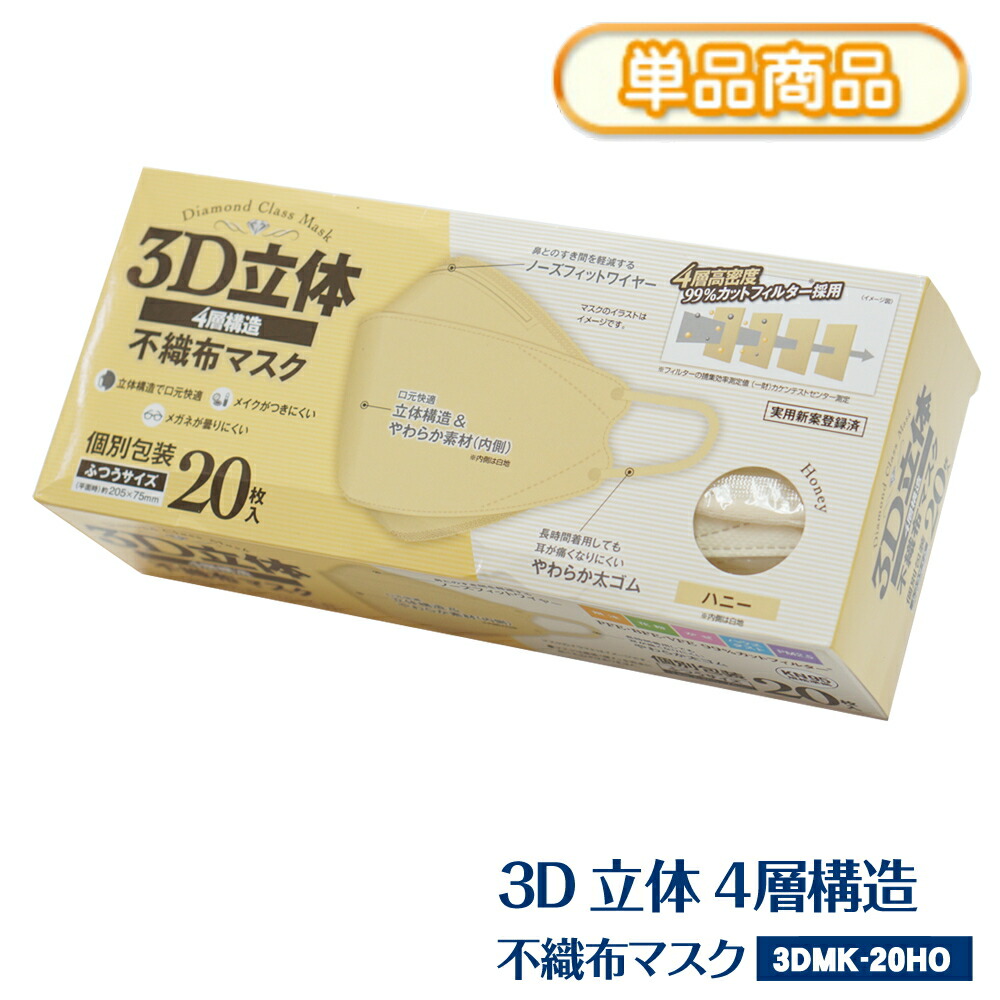 市場 個包装 20枚入 4層構造 フィルター KN95規格準拠 ノーズフィットワイヤー ハニー やわらか 3D立体 太ゴム 色 不織布マスク