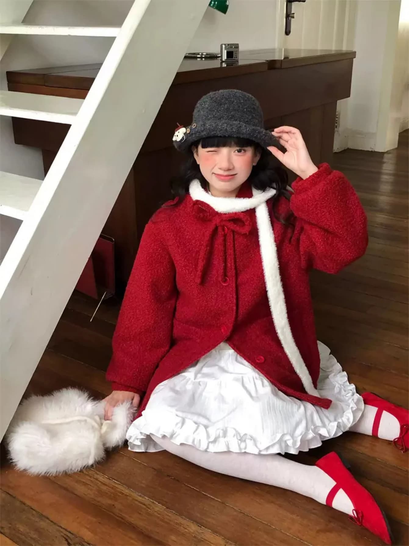 ボアコート レディース 赤 リボン 中綿 ジャケット アウター もこもこ 暖かい コート 冬服 厚手 防寒 軽い ゆったり 体型カバー 大人可愛い ガーリー 韓国 ファッション 量産型 地雷系 クリスマス デート パーティー お呼ばれ 新年 華やか 20代|ルクシア
