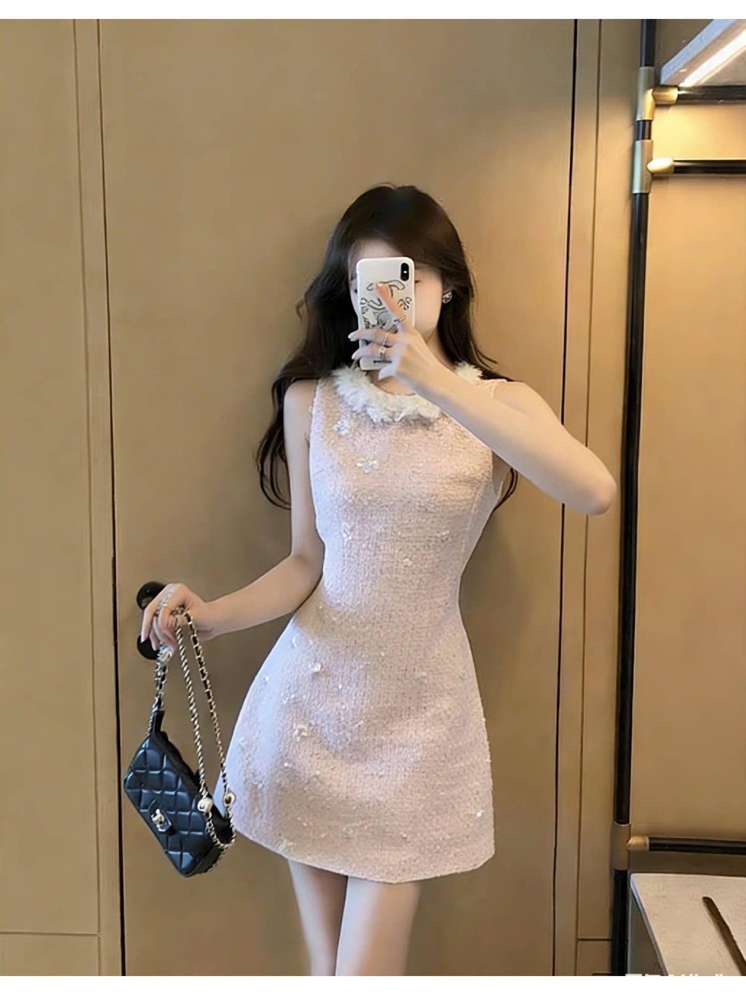 衣裳 レディース ノースリーブ ミニ衣裳 ツィード風 立体お花 花飾りつけ 襟付き添い人 A伝達ルート サクラ色 成年者好いたらしい お呼ばれ 御芽出度 二次会 寄り合い 御召しもの ミニ御召しもの ノースリワンピ 着痩せ 細押し出し 脚長成り行き 春 夏 秋 会う約束 うしろ帯会