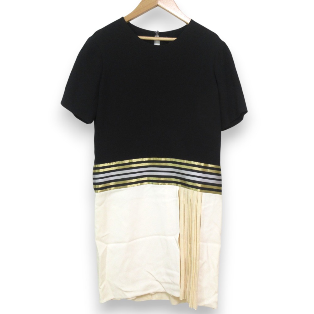 【中古】未使用 GUCCI グッチ フリーダジャンニーニ期 シルク100％ アシンメトリープリーツ 半袖 ひざ丈 ワンピース 38 ブラック×ホワイト レディース Luxs ブランド古着のリュクス